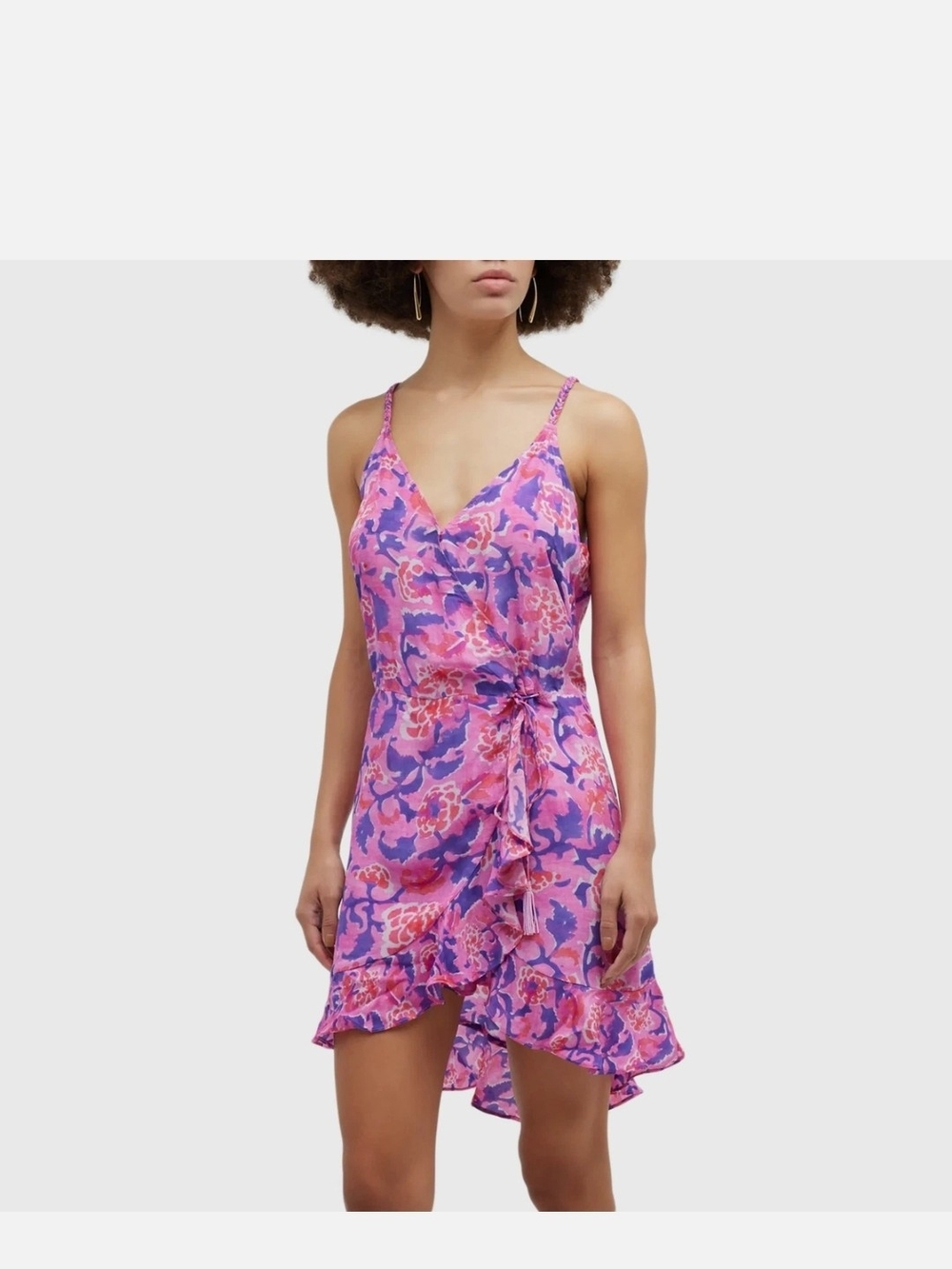NWT Rococo Sand Floral Crepe Ruffle Wrap Mini Dress in Pink&Purple